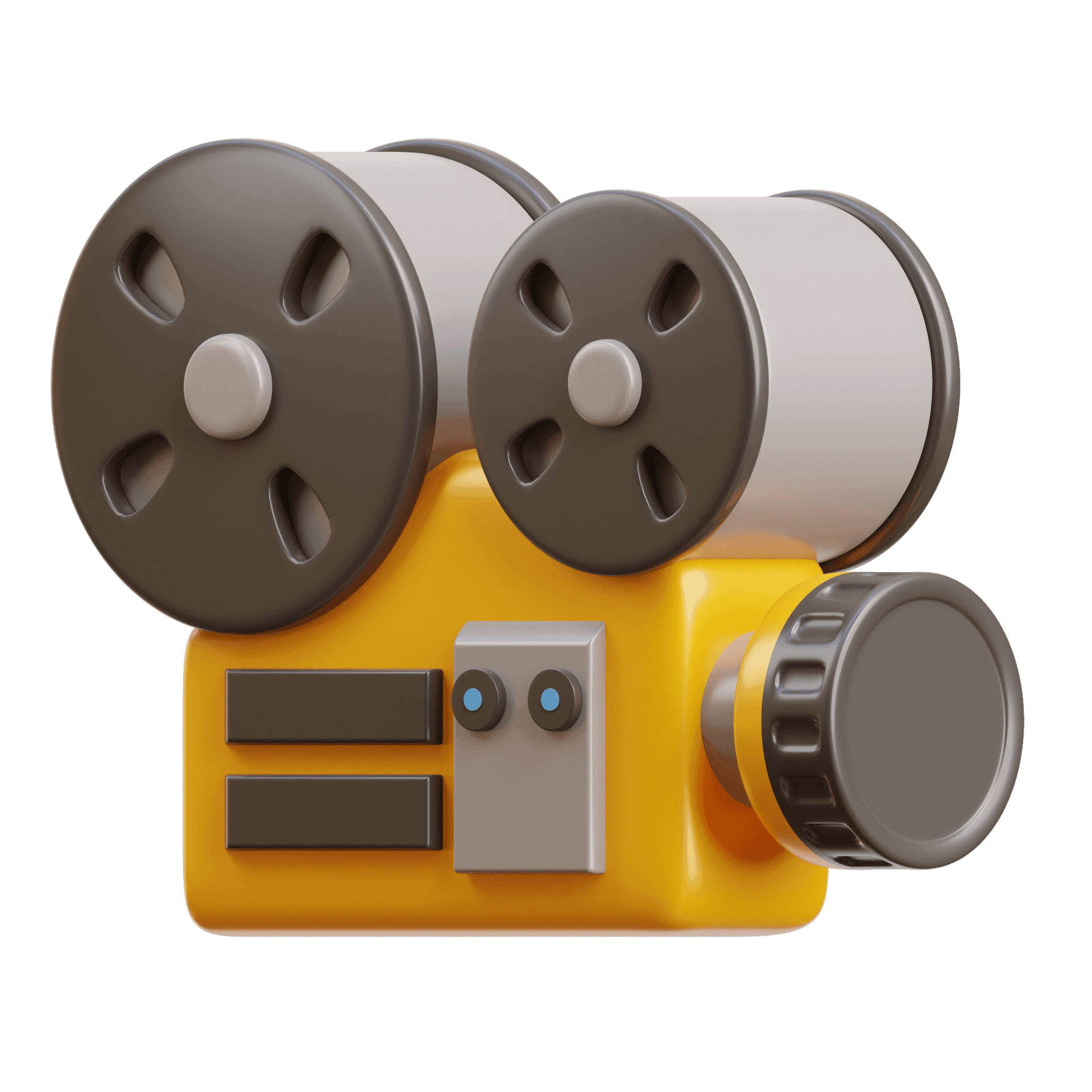 3D illustration of a vintage film projector with reels on top and a yellow base.